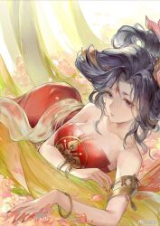 Rule 34 | 1girl, absurdres, armlet, bare shoulders, black hair, bracelet, breasts, dress, facial mark, field, flower, flower field, forehead mark, hair ornament, highres, huanyoucai, jewelry, large breasts, lying, on side, parted lips, pink flower, red dress, solo, streamers, upper body, wang chuan feng hua lu, yang guifei (wang chuan feng hua lu)