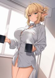 Rule 34 | 1girl, aegis (takunomi), ahoge, blonde hair, breasts, button gap, collared shirt, cup, elf, enjo kouhai, green eyes, highres, holding, holding cup, indoors, large breasts, long sleeves, looking at viewer, naked shirt, pointy ears, shirt, short hair, solo, standing, takunomi, thighs, white shirt, window