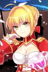 Rule 34 | 10s, 1girl, ahoge, artoria pendragon (all), artoria pendragon (fate), blonde hair, breasts, cleavage, cleavage cutout, clothing cutout, dress, epaulettes, fate/extra, fate (series), green eyes, hair ribbon, hand on own cheek, hand on own face, k (shinya90), large breasts, lowres, nero claudius (fate), nero claudius (fate), nero claudius (fate/extra), red dress, ribbon, saber (fate), smile, solo