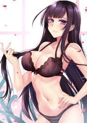 Rule 34 | 1girl, absurdres, ane naru mono, bare arms, bare shoulders, black bra, black hair, black panties, blush, bra, breasts, character request, check character, chiyo (ane naru mono), cleavage, collarbone, commentary request, gu li, highres, large breasts, long hair, looking at viewer, mole, mole under eye, navel, panties, purple eyes, smile, solo, underwear