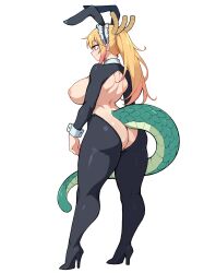 Rule 34 | 1girl, absurdres, alternate hairstyle, animal ears, ass, black thighhighs, breasts, butt crack, colored tips, commentary, crotchless, curvy, dragon girl, dragon horns, english commentary, fake animal ears, from behind, full body, high heels, highres, horns, kikikiki (bokunomister), kobayashi-san chi no maidragon, large breasts, large tail, long hair, maid headdress, meme attire, multicolored hair, nipples, orange eyes, ponytail, rabbit ears, revealing clothes, reverse bunnysuit, reverse outfit, shrug (clothing), sideboob, solo, standing, tail, thick thighs, thighhighs, thighs, tohru (maidragon), wrist cuffs