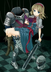 Rule 34 | 1girl, alice margatroid, armor, blonde hair, blue eyes, book, boots, capelet, carrying, checkered floor, colored eyelashes, dullahan, female focus, floor, full armor, hairband, helmet, highres, legs, princess carry, short hair, solo, sword, touhou, unasaka ryou, weapon
