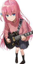 Rule 34 | 1girl, black socks, blush, bocchi the rock!, breasts, brown footwear, closed mouth, cube hair ornament, electric guitar, from above, gibson les paul, gotoh hitori, green eyes, grey skirt, guitar, hair ornament, highres, holding, holding instrument, instrument, jacket, loafers, long hair, long sleeves, looking at viewer, multicolored eyes, pink hair, pink jacket, pleated skirt, shoes, simple background, skirt, small breasts, smile, socks, solo, standing, sweatdrop, track jacket, white background, yinrain0023