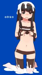 Rule 34 | 1girl, alternate costume, black eyes, black hair, black shorts, black thighhighs, blue background, blunt bangs, blush, bra, breasts, cleavage, cookie, cream, food, hairband, hatsuyuki (kancolle), highres, holding, kantai collection, kneeling, long hair, navel, no shoes, open mouth, oreo, ribs, shorts, small breasts, solo, thigh gap, thighhighs, underwear, wristband, zakone