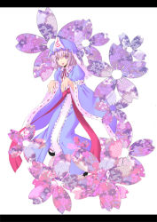 Rule 34 | 1girl, :p, cherry blossoms, female focus, hat, japanese clothes, kimono, letterboxed, nabeshima tetsuhiro, outstretched arms, pink eyes, pink hair, saigyouji yuyuko, short hair, solo, tongue, tongue out, touhou, zombie pose