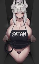 Rule 34 | 1girl, alternate breast size, apron, apron lift, areola slip, black tail, blunt bangs, blush, breasts, chamchami, cleavage, closed mouth, clothes lift, clothes writing, curvy, demon girl, demon horns, demon tail, glorious success, helltaker, highres, horns, huge breasts, korean commentary, large breasts, long hair, looking at viewer, lucifer (helltaker), mole, mole under eye, naked apron, red eyes, sidelocks, skeleton (helltaker), smile, standing, tail, thighs, white horns
