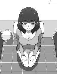 Rule 34 | 1girl, bare legs, blush, cleavage, from above, legs together, monochrome, original, sitting, taekgyeon v, tears, thigh gap, toilet