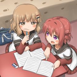 2girls ahoge akaza_akari bag blonde_hair brown_eyes dokka_no_kuni_no_kokuou double_bun eraser hair_bun hair_intakes hair_ornament hairclip handbag homework layered_sleeves long_sleeves multiple_girls oomuro_sakurako open_mouth paw_print pen purple_eyes red_hair school_uniform serafuku short_over_long_sleeves short_sleeves single_hair_bun yuru_yuri