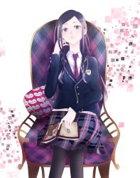 Rule 34 | 1girl, abstract background, argyle, black pantyhose, blazer, book, book on lap, cardigan, chair, closed mouth, colored tips, crossed legs, emblem, expressionless, gradient hair, grey hair, hand in own hair, hand up, highres, holding, holding book, jacket, long hair, looking at viewer, multicolored hair, necktie, nezumiro, original, pantyhose, parted bangs, pillow, plaid, plaid skirt, purple eyes, purple hair, school uniform, sitting, skirt, solo, translation request, very long hair, white background