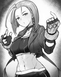 Rule 34 | 1girl, breasts, cammy white, capcom, fingerless gloves, gloves, highres, index finger raised, jacket, large breasts, legs, looking at viewer, midriff, monochrome, navel, open clothes, open jacket, pants, puckered lips, short hair, street fighter, street fighter 6, tank top, thighs, toned