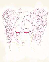 Rule 34 | 1girl, ahoge, bare shoulders, closed eyes, commentary, drill hair, flower, hair between eyes, hair flower, hair ornament, kasane teto, lineart, minimima (atllygqwp237048), no mouth, portrait, red hair, rose, solo, twin drills, utau