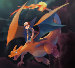Rule 34 | 1boy, ash ketchum, baseball cap, black hair, charizard, claws, commentary request, creatures (company), fangs, fingerless gloves, fire, fire, flame-tipped tail, game freak, gen 1 pokemon, gloves, green gloves, grin, hat, highres, jacket, kikuyoshi (tracco), male focus, nintendo, open clothes, open jacket, open mouth, pants, pokemon, pokemon (anime), pokemon (classic anime), pokemon (creature), red headwear, riding, riding pokemon, shoes, short hair, short sleeves, sitting, smile, teeth, tongue