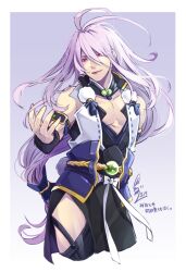 Rule 34 | 1boy, ahoge, clothing request, grey background, long hair, looking at viewer, male focus, multicolored background, murashige-lu, open mouth, purple hair, red eyes, sengo muramasa (touken ranbu), smile, solo, tan, touken ranbu, translation request, white background