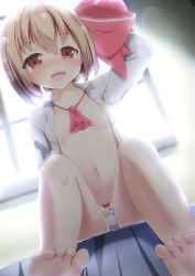 Rule 34 | 1girl, arm behind head, arm support, barefoot, blonde hair, blouse, blush, breasts, unworn clothes, curtains, dutch angle, feet, from below, hair ribbon, highres, indoors, looking at viewer, navel, open clothes, open shirt, panties, red eyes, ribbon, rumia, shirt, short hair, sitting, small breasts, solo, tatsumiya kagari, toes, touhou, underwear, white panties, window