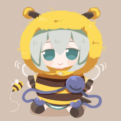 Rule 34 | 1girl, alternate costume, antennae, arthropod girl, bee, bee costume, bee girl, bee wings, black footwear, blush, brown background, bug, buttons, character doll, closed mouth, doll, film grain, frilled shirt, frilled sleeves, frills, fumo (doll), green eyes, green hair, green skirt, hair between eyes, heart, heart button, highres, insect, insect girl, insect wings, komeiji koishi, long sleeves, looking at viewer, medium hair, motion lines, no lineart, shirt, shoes, simple background, sitting, skirt, sleeves past wrists, smile, solo, stuffed toy, touhou, trail, wings, yellow fur, yellow shirt, zunusama
