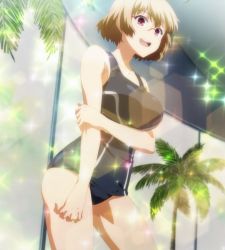 Rule 34 | 10s, 1girl, :d, bare shoulders, blonde hair, breasts, brown hair, collarbone, cowboy shot, female focus, glasses, highres, kusakabe kagami, large breasts, one-piece swimsuit, open mouth, palm tree, purple eyes, rakudai kishi no cavalry, round teeth, screencap, short hair, smile, solo, sparkle, standing, stitched, swimsuit, teeth, third-party edit, tree
