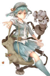 Rule 34 | 1girl, backpack, bad id, bad pixiv id, bag, belt, blue eyes, blue hair, boots, brown eyes, combination wrench, extra arms, hair ornament, hair ribbon, hat, highres, huanxiang heitu, kawashiro nitori, key, looking at viewer, matching hair/eyes, md5 mismatch, mechanical arms, pocket, ribbon, rubber boots, shirt, short sleeves, short twintails, simple background, single mechanical arm, skirt, skirt set, solo, test tube, touhou, twintails, utility belt, wrench