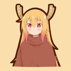 Rule 34 | 1girl, alternate costume, anime coloring, artsy-rc, black outline, blonde hair, cloak, closed mouth, dot nose, gradient hair, hair between eyes, highres, horns, kobayashi-san chi no maidragon, long hair, multicolored hair, outline, red eyes, signature, simple background, slit pupils, solo, tohru (maidragon), upper body, yellow background