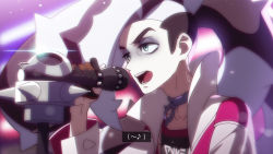 Rule 34 | 1boy, black hair, collarbone, commentary request, creatures (company), eyeshadow, game freak, gloves, green eyes, grey eyeshadow, gym leader, holding, holding microphone, jacket, kagio (muinyakurumi), long hair, makeup, male focus, microphone, multicolored hair, music, musical note, nintendo, open mouth, piers (pokemon), pokemon, pokemon swsh, singing, smile, solo, spikemuth, subtitled, sweat, teeth, tongue, two-tone hair, upper body, white hair, white jacket