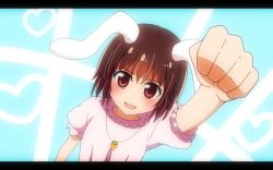 Rule 34 | 1girl, animal ears, anime coloring, arms up, bad id, bad pixiv id, brown eyes, brown hair, rabbit ears, clenched hand, dutch angle, frills, from above, gathers, inaba tewi, jewelry, letterboxed, mikomiko (mikomikosu), open mouth, pendant, raised fist, short hair, smile, solo, touhou, upper body