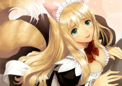 Rule 34 | 10s, 1girl, :d, absurdres, animal ears, blonde hair, breast press, breasts, cleavage, from above, green eyes, highres, large breasts, long hair, looking up, lorna (shining hearts), maid, maid headdress, open mouth, sega, shining (series), shining hearts, smile, solo, tail, tony taka