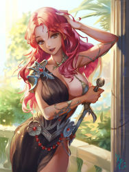 Rule 34 | 1girl, breasts, brown eyes, cleavage, day, hand in own hair, heart, heart-shaped pupils, holding, holding sword, holding weapon, kakiman, large breasts, lips, long hair, looking at viewer, open mouth, original, outdoors, red hair, sheath, smile, solo, standing, sword, symbol-shaped pupils, unsheathing, weapon