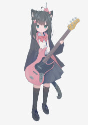 Rule 34 | 1girl, absurdres, animal ear fluff, animal ears, black footwear, black hair, black jacket, black socks, bow, cat ears, cat girl, cat tail, full body, green eyes, guitar, highres, holding, holding instrument, instrument, jacket, long sleeves, looking at viewer, on head, open clothes, oreoreoreo, original, pleated skirt, shirt, shoes, simple background, skirt, socks, solo, tail, white background, white shirt