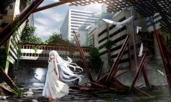 Rule 34 | 1girl, arms at sides, bird, building, cloud, cloudy sky, day, dress, haru (ryosios), highres, long hair, looking at viewer, original, outdoors, overgrown, post-apocalypse, red eyes, ruins, ryosios, sky, skybridge, solo, standing, steel beam, sunlight, very long hair, wading, white bird, white dress, wide shot, wind