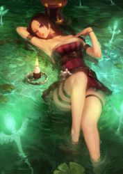 Rule 34 | 1girl, artist name, bare shoulders, belt, breasts, brown hair, buckle, caitlyn (league of legends), candle, cleavage, cupcake, dress, food, hat, highres, instant ip, large breasts, league of legends, long hair, lying, on back, parted lips, partially submerged, red eyes, short dress, skirt, soaking feet, solo, water