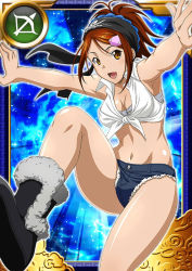 Rule 34 | 00s, 1girl, bachou mouki, boots, breasts, brown hair, card (medium), cleavage, fingerless gloves, gloves, ikkitousen, legs, long hair, looking at viewer, midriff, navel, official art, open mouth, smile, solo, yellow eyes