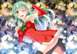 Rule 34 | 1girl, aqua hair, black footwear, boots, bow, covered navel, dress, elbow gloves, fur-trimmed dress, fur-trimmed gloves, fur trim, gloves, green bow, hair ornament, hairclip, highres, kantai collection, leg up, long hair, looking at viewer, open mouth, red dress, red gloves, shirouzu myuuta, smile, solo, sparkle background, suzuya (kancolle), thigh boots, thighhighs, v over eye, yellow eyes