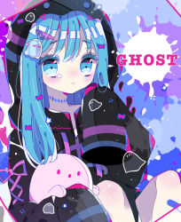 Rule 34 | 1girl, absurdres, bandaid, bandaid on leg, blue eyes, blue hair, blush, bow, cross-laced clothes, cross-laced sleeves, english text, frown, ghost, ghost hair ornament, hair bow, hair ornament, hairclip, hand on own face, highres, holding, holding stuffed toy, hood, hood up, hoodie, knees up, long hair, long sleeves, looking at viewer, nagihoko, original, paint splatter, sleeves past fingers, sleeves past wrists, solo, stitched neck, stitches, striped clothes, striped hoodie, stuffed toy, tearing up, thick eyebrows