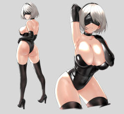 Rule 34 | 1girl, 2b (nier:automata), arm behind head, arm up, armpits, ass, bare shoulders, black hairband, black leotard, blindfold, breasts, choker, cleavage, collarbone, commentary, elbow gloves, full body, geiger, gloves, grey background, hairband, hands up, high heels, highleg, highleg leotard, highres, large breasts, leotard, lips, looking back, mole, mole under mouth, multiple views, nier:automata, nier (series), parted lips, shiny clothes, shiny skin, short hair, strapless, strapless leotard, thigh strap, thighhighs, thighs, white hair