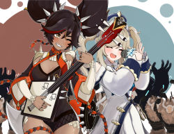 Rule 34 | 2girls, ;d, absurdres, bad id, bad pixiv id, barbara (genshin impact), black hair, blonde hair, blue eyes, blush, breasts, cheering, cleavage, closed eyes, concert, dark-skinned female, dark skin, dress, gat (korean traditional hat), genshin impact, glowstick, guitar, highres, hilichurl (genshin impact), holding, holding microphone, horns, idol, instrument, jewelry, knbd, long sleeves, mask, microphone, monster, multiple girls, music, nail polish, one eye closed, open mouth, ring, singing, smile, spikes, twintails, xinyan (genshin impact), yellow eyes