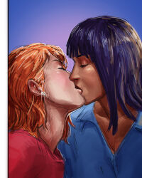 Rule 34 | 2girls, absurdres, alias artworks, blouse, blue shirt, blunt bangs, closed eyes, collared shirt, earrings, expressionless, female focus, highres, jewelry, kiss, lips, multiple girls, nami (one piece), nico robin, nose, one piece, orange hair, portrait, purple hair, red shirt, shirt, tagme, yuri