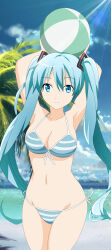 Rule 34 | 1girl, armpits, arms up, ball, beach, beachball, bikini, blue eyes, breasts, cleavage, cloud, front-tie bikini top, front-tie top, green hair, hatsune miku, highres, large breasts, lens flare, long hair, looking at viewer, navel, ocean, palm tree, sand, shugo19, side-tie bikini bottom, smile, striped bikini, striped clothes, sunlight, swimsuit, tree, twintails, vocaloid, water