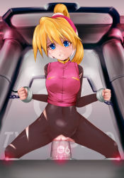 Rule 34 | 1girl, artist request, blonde hair, blue eyes, bodystocking, bodysuit, breasts, capcom, ciel (mega man), covered navel, highres, navel, object insertion, pussy, mega man (series), mega man zero (series), skin tight, solo, spread legs, torn clothes, vaginal