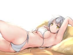 Rule 34 | 1girl, arm up, armpits, ass, bed sheet, bikini, blush, breasts, closed mouth, commentary request, dated, halterneck, hand on own chest, highres, large breasts, long hair, looking at viewer, lying, on back, original, ribbon, side-tie bikini bottom, signature, silver hair, simple background, solo, string bikini, swimsuit, thighs, underboob, white background, white bikini, white ribbon, yukinoshiro