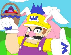 Rule 34 | 1boy, animal ears, basket, big nose, blue eyes, rabbit ears, egg, facial hair, fat, fat man, gloves, grin, hand up, hat, looking at viewer, mario (series), mountain, mustache, nintendo, smile, solo, super mario land 2, upper body, wario, white gloves