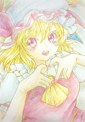 Rule 34 | 0917yuka, 1girl, ascot, breasts, collared shirt, colored pencil (medium), flandre scarlet, frilled shirt collar, frills, hair between eyes, hat, hat ribbon, heart, heart hands, limited palette, looking at viewer, mob cap, nail polish, open mouth, puffy short sleeves, puffy sleeves, red eyes, red nails, red ribbon, red vest, ribbon, shirt, short sleeves, small breasts, solo, teeth, touhou, traditional media, upper body, upper teeth only, vest, white hat, white shirt, yellow ascot