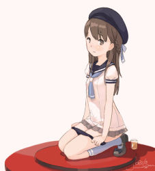 Rule 34 | 1girl, beret, black bow, black hat, black panties, black sailor collar, blue bow, blue neckwear, blue socks, blush, bow, braid, brown background, brown eyes, brown footwear, brown hair, buruma, buruma pull, closed mouth, clothes pull, cup, dress, drinking glass, frilled dress, frills, hat, kneehighs, kneeling, kokudou juunigou, light smile, long hair, looking at viewer, mary janes, original, panties, panty pull, puffy short sleeves, puffy sleeves, pulled by self, sailor collar, sailor dress, shoes, short sleeves, signature, simple background, socks, solo, underwear, white dress