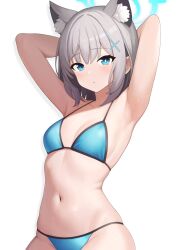 Rule 34 | 1girl, animal ear fluff, animal ears, armpits, arms behind head, bikini, blue archive, blue bikini, blue eyes, breasts, closed mouth, commentary, cowboy shot, cross hair ornament, grey hair, hair ornament, halo, highres, looking at viewer, mikoscrub, mismatched pupils, navel, shiroko (blue archive), simple background, small breasts, solo, stomach, swimsuit, symbol-only commentary, white background, wolf ears