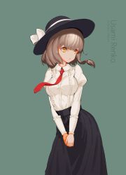 Rule 34 | 1girl, artist name, black skirt, bow, breasts, bridow, brown hair, character name, collared shirt, dated, green background, hair tie, hat, hat bow, highres, long skirt, long sleeves, necktie, own hands together, parted lips, puffy long sleeves, puffy sleeves, red necktie, shirt, simple background, skirt, solo, touhou, usami renko, white shirt, yellow eyes