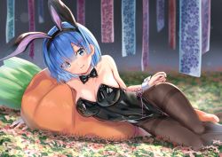 Rule 34 | 1girl, alternate costume, alternate hair ornament, animal ears, bare arms, bare shoulders, black bow, black bowtie, black leotard, black pantyhose, blue eyes, blue hair, blurry, blurry background, blush, bow, bowtie, breasts, carrot, carrot-shaped pillow, cleavage, closed mouth, collarbone, commentary request, detached collar, fake animal ears, flower knot, grass, hair ornament, hand on own thigh, highleg, highres, large breasts, leotard, looking at viewer, lying, nanashi (74 nanashi), on ground, on side, pantyhose, pillow, pink ribbon, playboy bunny, rabbit ears, re:zero kara hajimeru isekai seikatsu, rem (re:zero), ribbon, short hair, smile, solo, strapless, strapless leotard, thigh gap, thighband pantyhose, wrist cuffs, x hair ornament
