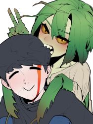 Rule 34 | 1boy, 1girl, :&gt;, = =, arthropod girl, biting hair, blood, blood on face, blush, colored sclera, colored skin, couple, extra hands, green hair, grey sweater, hand up, hetero, highres, looking at viewer, mantis-chan (sparrowl), mantis girl, monster girl, original, simple background, smile, sparrowl, sweater, v, white background, yellow eyes, yellow sclera, yellow skin