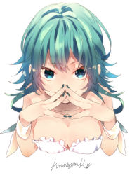 Rule 34 | 1girl, :s, aqua hair, bare shoulders, blue eyes, breasts, cleavage, confused, dress, kuronyanko, lace, lace-trimmed dress, lace trim, looking at viewer, medium breasts, nail polish, original, own hands together, pov, sleeveless, sleeveless dress, solo, upper body, white dress