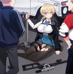 Rule 34 | 1girl, 2boys, absurdres, ammunition pouch, black coat, black footwear, black jacket, black pantyhose, blonde hair, blue eyes, blue skirt, blush, breasts, buckle, button gap, car, coat, cuffs, fur-trimmed coat, fur trim, girls&#039; frontline, gun, hair ornament, handcuffed, harness, highres, jacket, large breasts, load bearing vest, long sleeves, looking to the side, magazine (weapon), mole, mole under eye, motor vehicle, multiple boys, narynn, on floor, open mouth, panties, panties under pantyhose, pantyhose, pantyshot, pencil skirt, pouch, restrained, rifle, scope, shirt, shirt tucked in, short hair, sitting, skirt, snap-fit buckle, sniper rifle, snowflake hair ornament, solo focus, sports utility vehicle, strap, suppressor, sweat, thigh pouch, thigh strap, torn clothes, torn legwear, torn pantyhose, track jacket, underwear, van, vsk-94, vsk-94 (girls&#039; frontline), weapon, white panties, white shirt