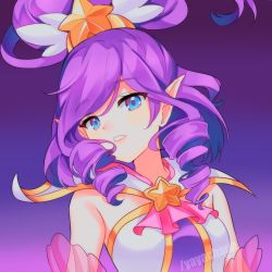 Rule 34 | 1girl, absurdres, bare shoulders, blue eyes, breasts, drill hair, floating hair, gradient background, hair ornament, highres, janna (league of legends), league of legends, long hair, looking at viewer, magical girl, medium breasts, parted lips, pointy ears, purple background, purple hair, purple theme, solo, star (symbol), star guardian (league of legends), star guardian janna, tiara, upper body, yaya chan