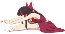 Rule 34 | 1girl, armpits, bow, brown hair, detached sleeves, duplicate, exercising, frilled bow, frills, hair bow, hair tubes, hakurei reimu, japanese clothes, leon (mikiri hassha), medium hair, miko, nontraditional miko, pixel-perfect duplicate, red bow, red eyes, sidelocks, simple background, sitting, sleeveless, socks, solo, stretching, touhou, white background