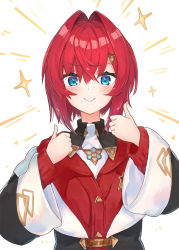 Rule 34 | 1girl, ange katrina, ange katrina (1st costume), blue eyes, blush, commentary request, double thumbs up, hair ornament, long sleeves, nijisanji, red hair, short hair, smile, solo, sparkle, thumbs up, upper body, virtual youtuber, virus (obsession), white background